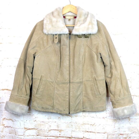 VTG Wilsons Suede Leather Bomber Aviator Flight Jacket Womens L Fur Lined Beige